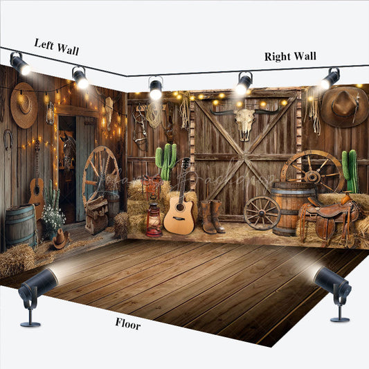 Lofaris Lighted Brown Western Cowboy Barn Room Set Backdrop