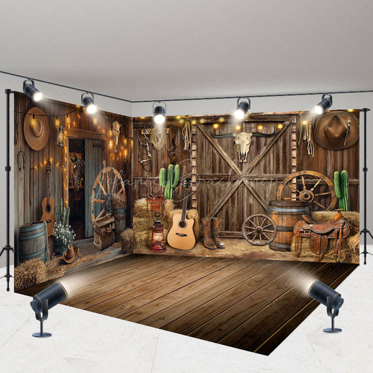Lofaris Lighted Brown Western Cowboy Barn Room Set Backdrop