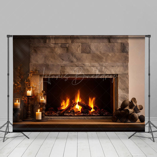 Lofaris Lighted Candles Brick Fireplace Photo Backdrop