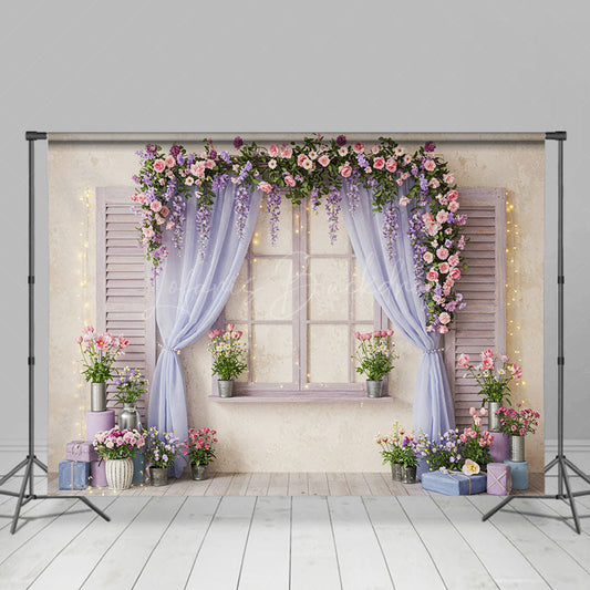 Lofaris Lighted Floral Purple Curtain Window Photo Backdrop
