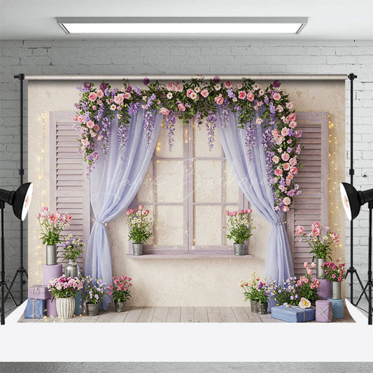 Lofaris Lighted Floral Purple Curtain Window Photo Backdrop