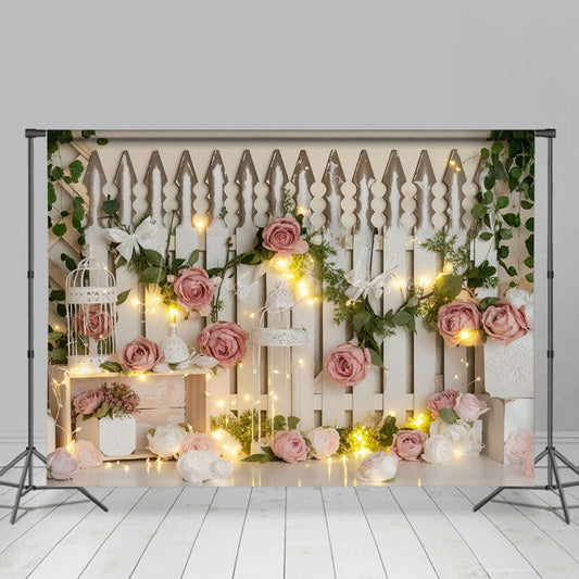Lofaris Lighted White Fence Pink Rose Wedding Photo Backdrop