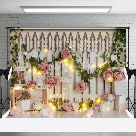 Lofaris Lighted White Fence Pink Rose Wedding Photo Backdrop