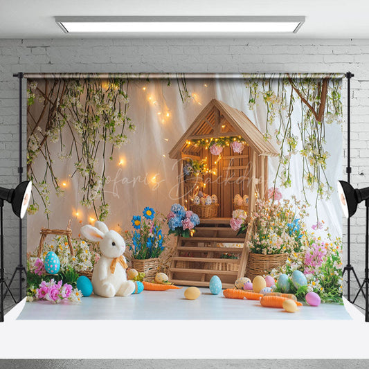 Lofaris Lighted Wood House Colorful Egg Floral Bunny Backdrop