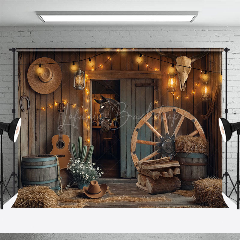 Lofaris Lighted Wooden Barn Horse Cowboy Cake Smash Backdrop