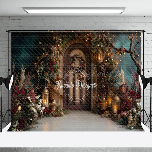 Lofaris Lighted Wooden Door Plant Wreath Christmas Backdrop