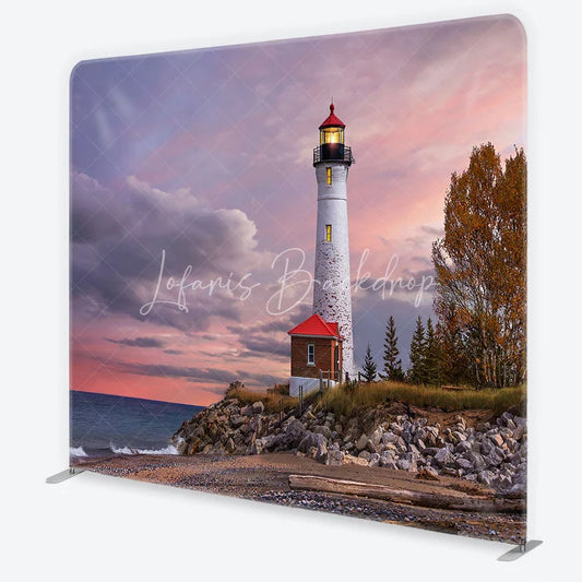 Lofaris Lighthouse Beach Sunset with Pink Purple Sky Autumn Trees Coastal Square Double-Sided Backdrop