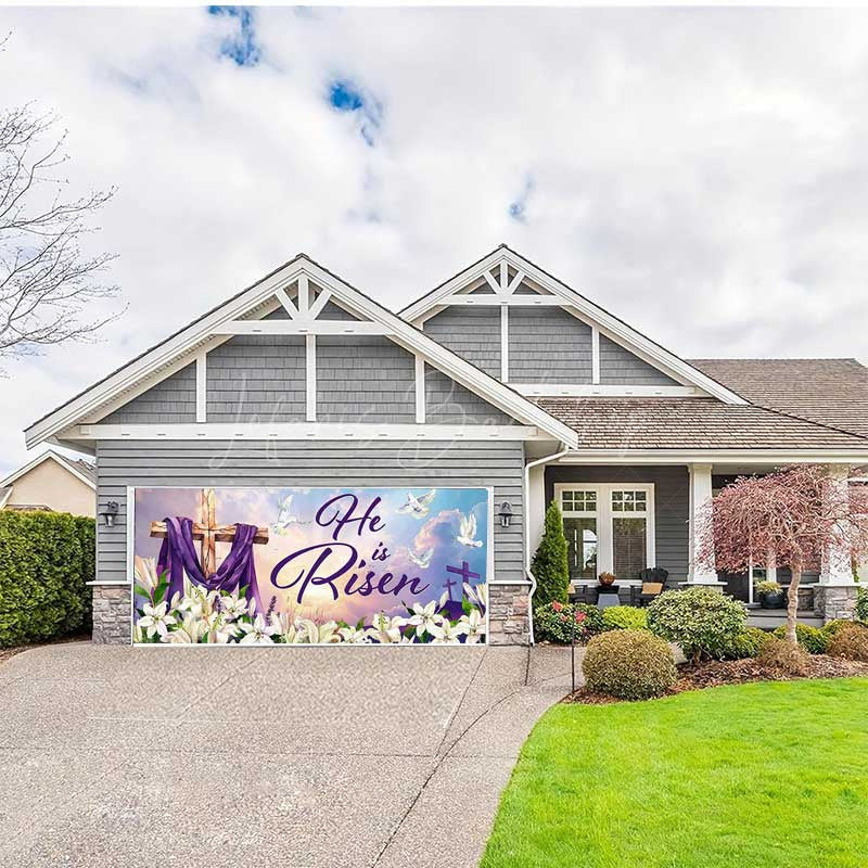 Lofaris Lily He Is Risen Cross Easter Garage Door Banner