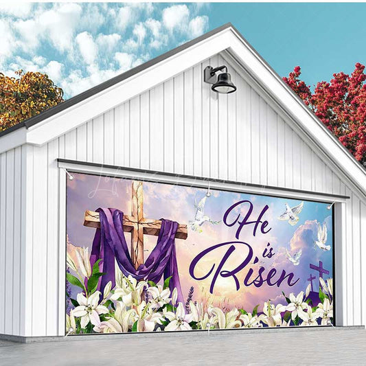 Lofaris Lily He Is Risen Cross Easter Garage Door Banner
