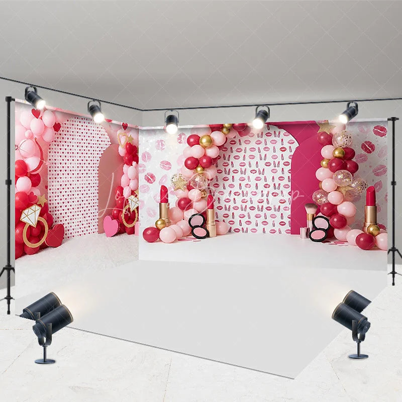 Lofaris Lipstick Kiss Marks Room Set Backdrop Red Pink Balloons and Diamond Ring Spa Party Background