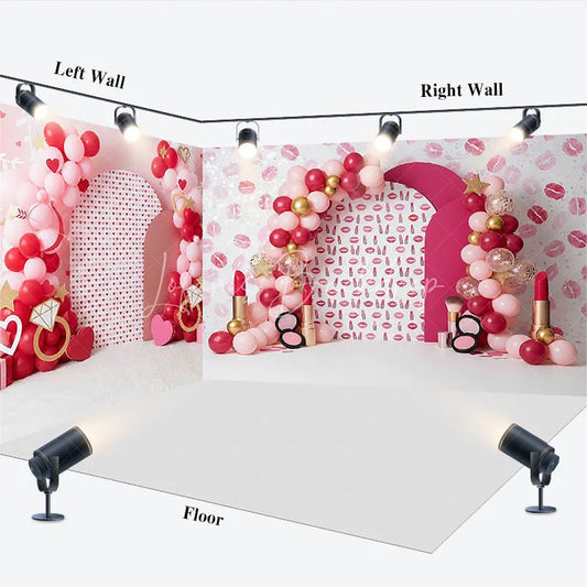 Lofaris Lipstick Kiss Marks Room Set Backdrop Red Pink Balloons and Diamond Ring Spa Party Background