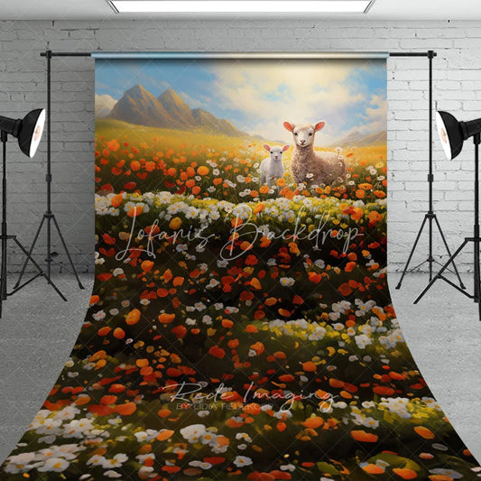 Lofaris Little Lambs in Poppy Field Backdrop Spring Mountain Landscape and Wildflowers Scene Nature Photography Background