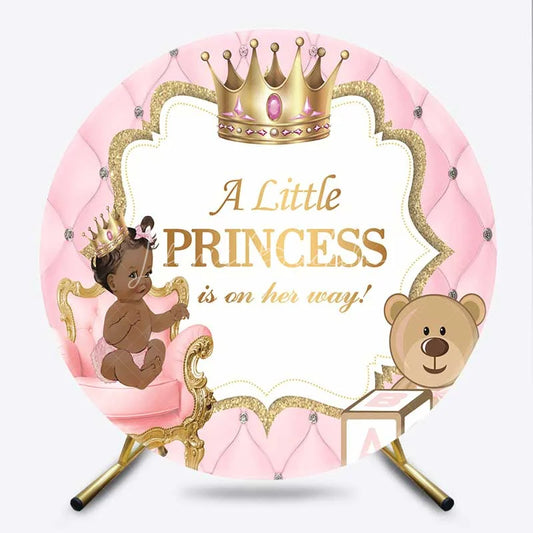 Lofaris Little Princess Round Backdrop Pink Tufted Wall with Royal Baby Girl and Teddy Bear Background