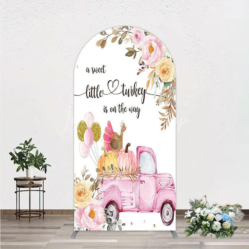 Lofaris Little Turkey Baby Shower Arch Backdrop Pink Truck Pumpkin Fall Party Decoration Thanksgiving Floral Background