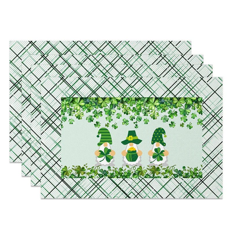 Lofaris Lucky Gnomes Plaid Set of 4 Placemats St. Patricks Day Shamrocks and Green Tartan Dining Table Mats