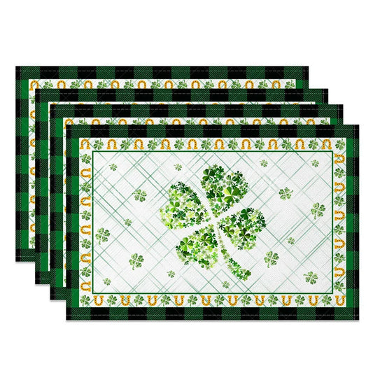 Lofaris Lucky Horseshoe Shamrock Set of 4 Placemats St. Patricks Day Plaid and Clover Dining Table Mats