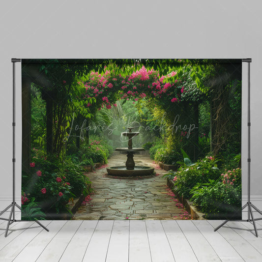 Lofaris Lush Garden Fountain Path Summer Photography Backdrop