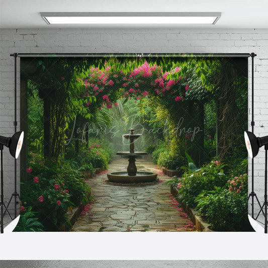 Lofaris Lush Garden Fountain Path Summer Photography Backdrop