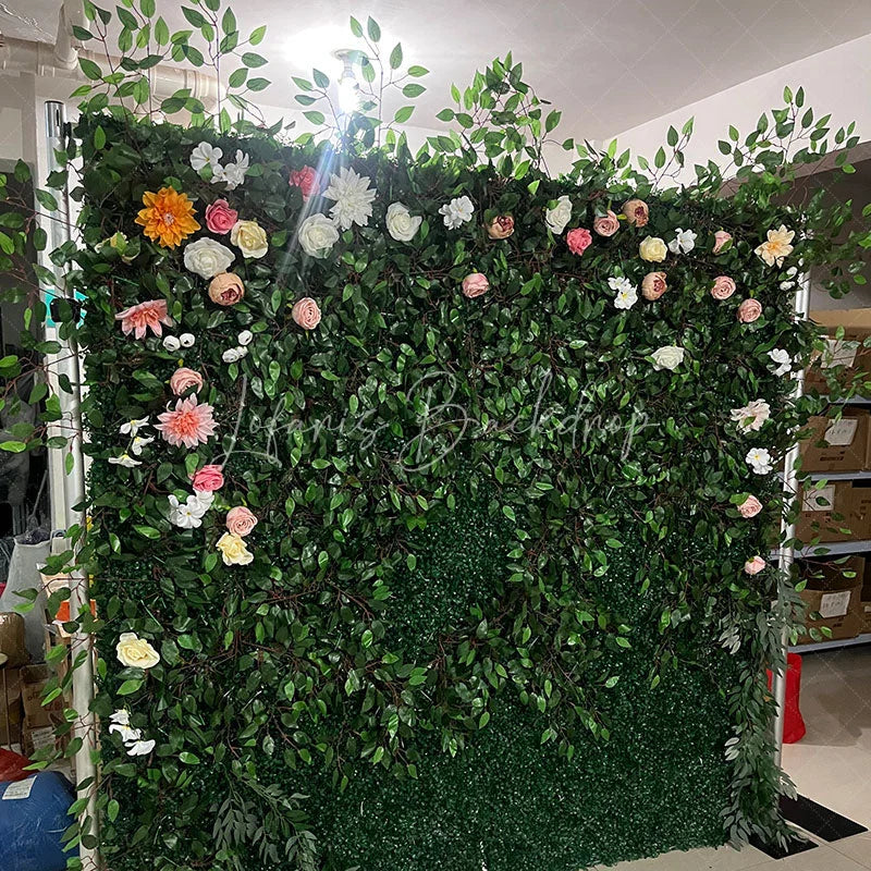 Lofaris Lush Green Artificial Flower Wall with Mixed White Pink Peach Blooms Elegant Wedding Party Event Decor