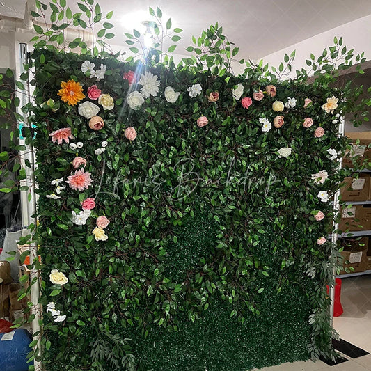 Lofaris Lush Green Artificial Flower Wall with Mixed White Pink Peach Blooms Elegant Wedding Party Event Decor