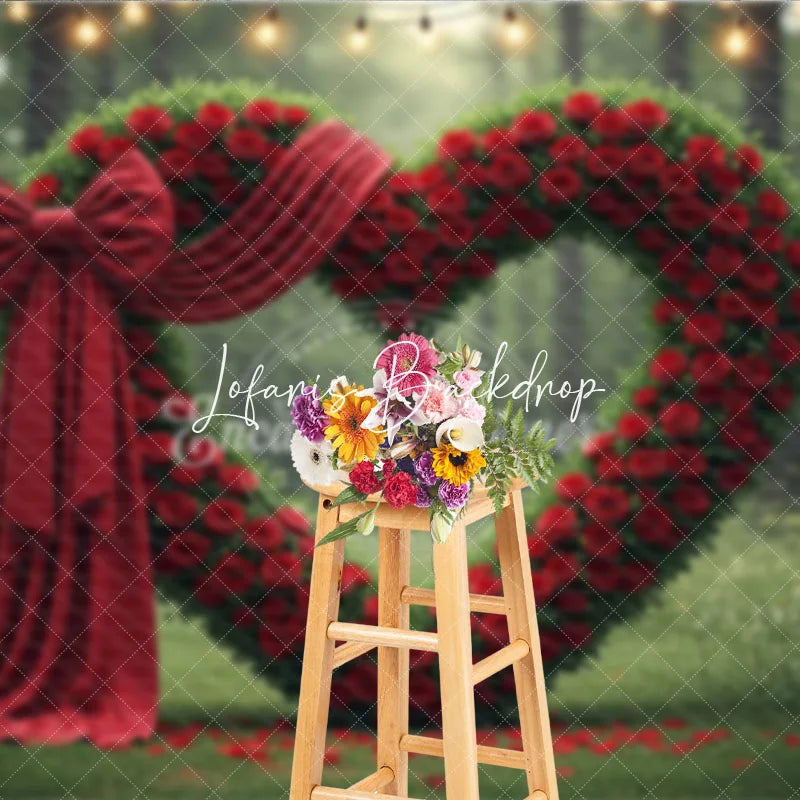 Lofaris Lush Green Foliage and Red Rose Heart Arch Bow Photography Backdrop Romantic Forest Celebration with String Lights