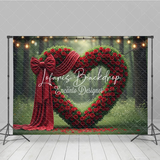 Lofaris Lush Green Foliage and Red Rose Heart Arch Bow Photography Backdrop Romantic Forest Celebration with String Lights