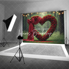 Lofaris Lush Green Foliage and Red Rose Heart Arch Bow Photography Backdrop Romantic Forest Celebration with String Lights