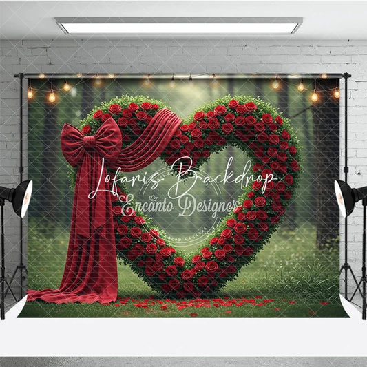 Lofaris Lush Green Foliage and Red Rose Heart Arch Bow Photography Backdrop Romantic Forest Celebration with String Lights