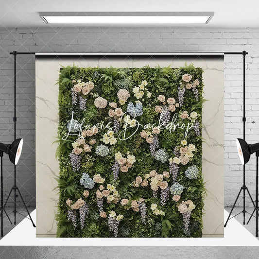 Lofaris Lush Green Foliage Floral Photography Backdrop with Pink Roses Blue Hydrangeas and Purple Wisteria Wedding Party Decor