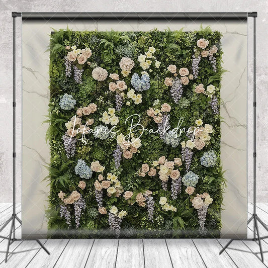 Lofaris Lush Green Foliage Floral Photography Backdrop with Pink Roses Blue Hydrangeas and Purple Wisteria Wedding Party Decor