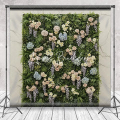 Lofaris Lush Green Foliage Floral Photography Backdrop with Pink Roses Blue Hydrangeas and Purple Wisteria Wedding Party Decor