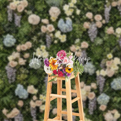 Lofaris Lush Green Foliage Floral Photography Backdrop with Pink Roses Blue Hydrangeas and Purple Wisteria Wedding Party Decor