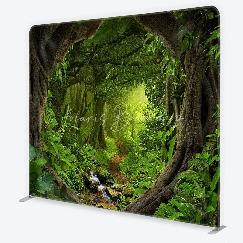 Lofaris Lush Green Jungle Rainforest Square Double-Sided Backdrop Enchanted Forest Path Photography Prop for Kids Party