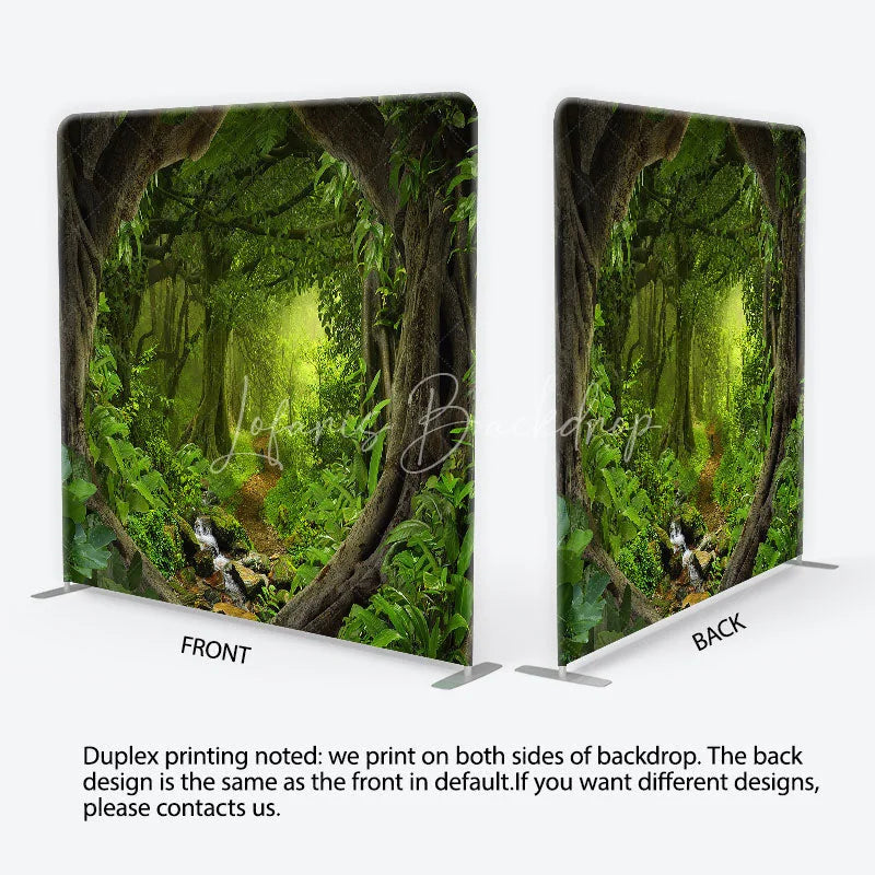 Lofaris Lush Green Jungle Rainforest Square Double-Sided Backdrop Enchanted Forest Path Photography Prop for Kids Party