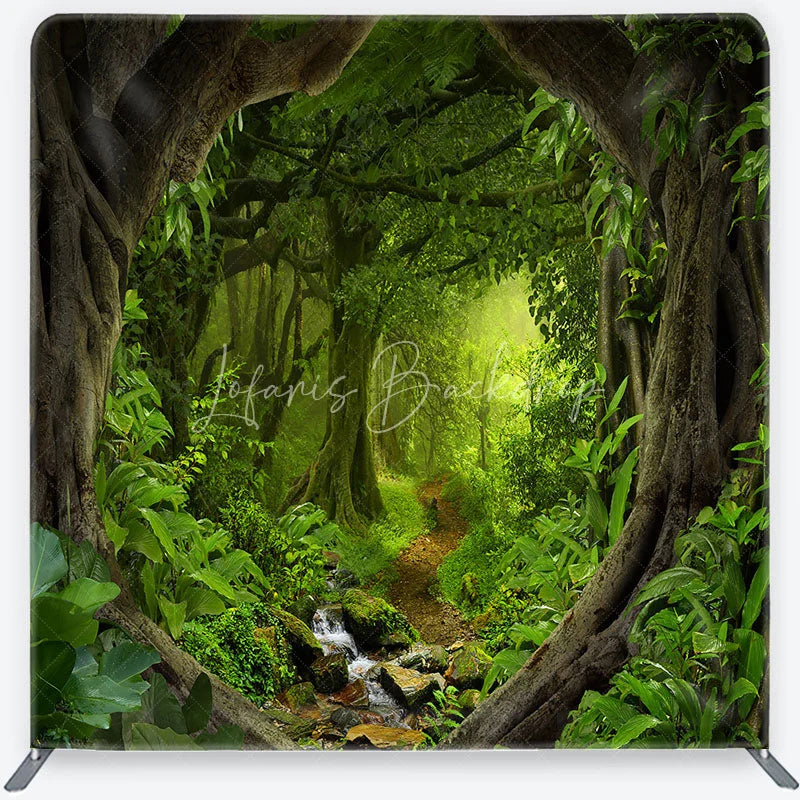 Lofaris Lush Green Jungle Rainforest Square Double-Sided Backdrop Enchanted Forest Path Photography Prop for Kids Party