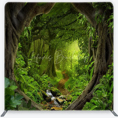 Lofaris Lush Green Jungle Rainforest Square Double-Sided Backdrop Enchanted Forest Path Photography Prop for Kids Party