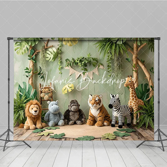 Lofaris Lush Green Jungle Safari Animal Photography Backdrop featuring Lion Tiger Zebra Giraffe Baby Shower Birthday Party.