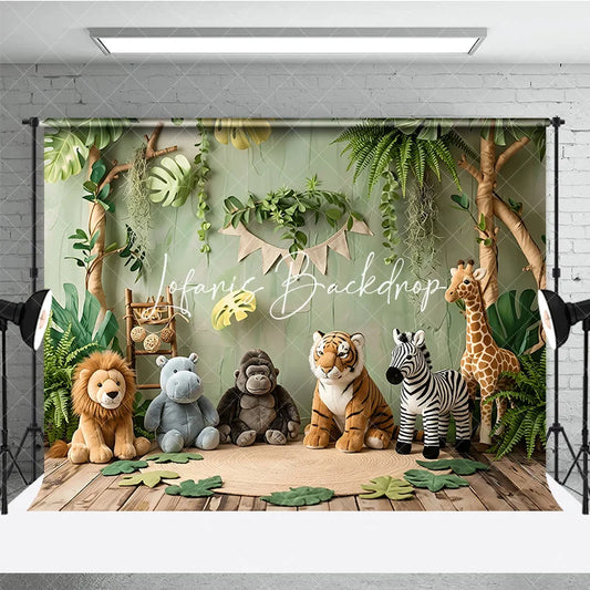 Lofaris Lush Green Jungle Safari Animal Photography Backdrop featuring Lion Tiger Zebra Giraffe Baby Shower Birthday Party.