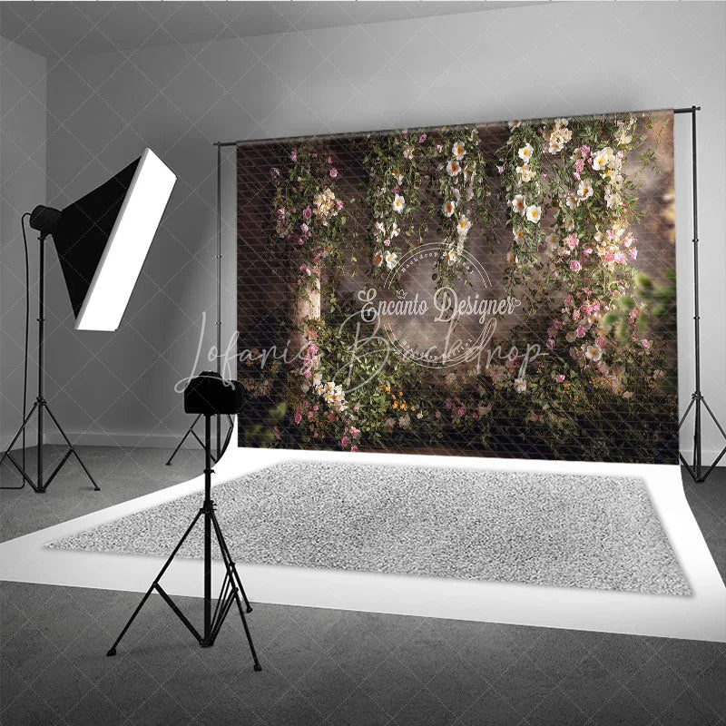 Lofaris Lush Green Vines with White and Pink Flowers Photography Backdrop Rustic Brick Wall Garden Arch Decor