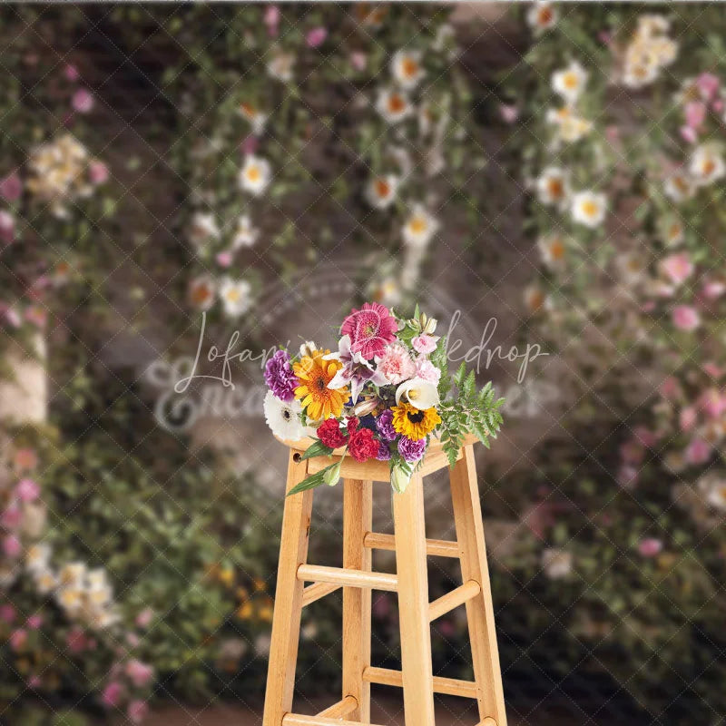 Lofaris Lush Green Vines with White and Pink Flowers Photography Backdrop Rustic Brick Wall Garden Arch Decor