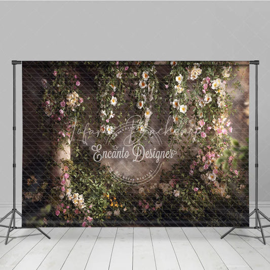 Lofaris Lush Green Vines with White and Pink Flowers Photography Backdrop Rustic Brick Wall Garden Arch Decor