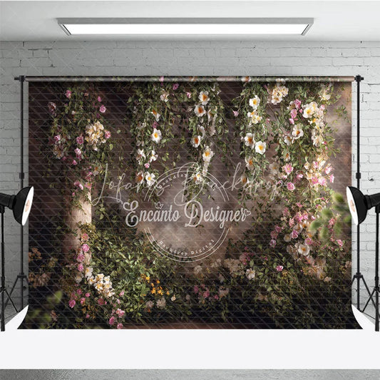 Lofaris Lush Green Vines with White and Pink Flowers Photography Backdrop Rustic Brick Wall Garden Arch Decor