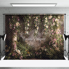 Lofaris Lush Green Vines with White and Pink Flowers Photography Backdrop Rustic Brick Wall Garden Arch Decor