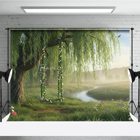 Lofaris Lush Green Willow Tree Photography Backdrop with Floral Swing Serene River and Spring Meadow Scene