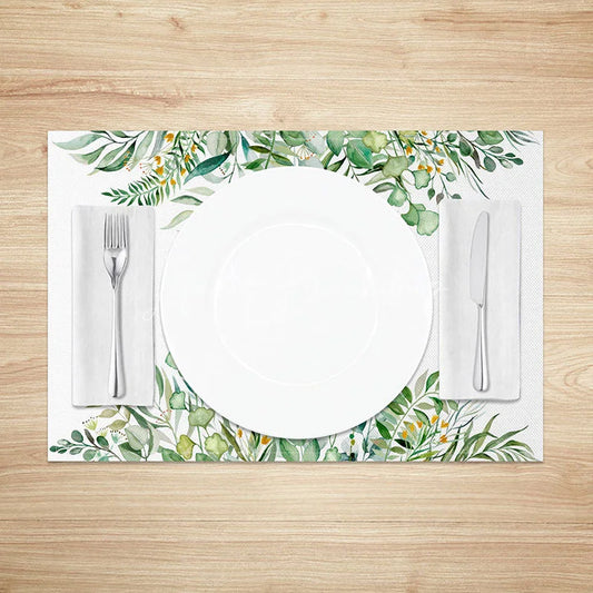 Lofaris Lush Greenery Spring Set of 4 Placemats Green Leaf Border and Beautiful Text Dining Table Mats