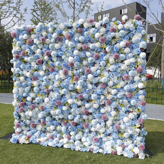 Lofaris Lush Light Blue and White Artificial Flower Wall with Pink Roses Hydrangeas Elegant Event Decor for Parties