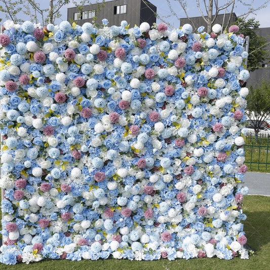 Lofaris Lush Light Blue and White Artificial Flower Wall with Pink Roses Hydrangeas Elegant Event Decor for Parties