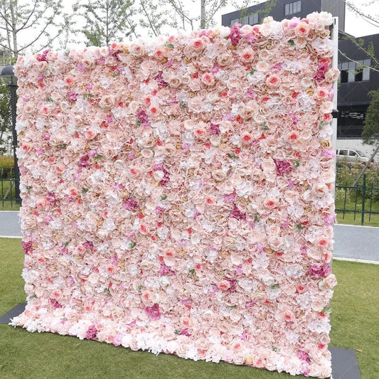 Lofaris Lush Pink and Peach Artificial Flower Wall with Cream Roses Elegant Wedding Event Party Decor
