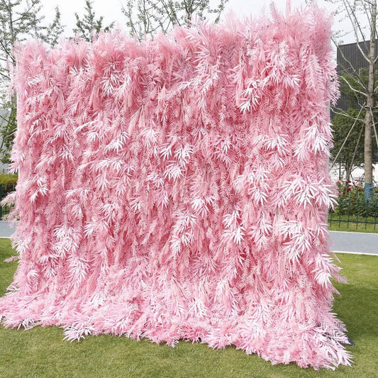 Lofaris Lush Pink Artificial Flower Wall with Bamboo Leaf Design Elegant Wedding and Party Event Decor