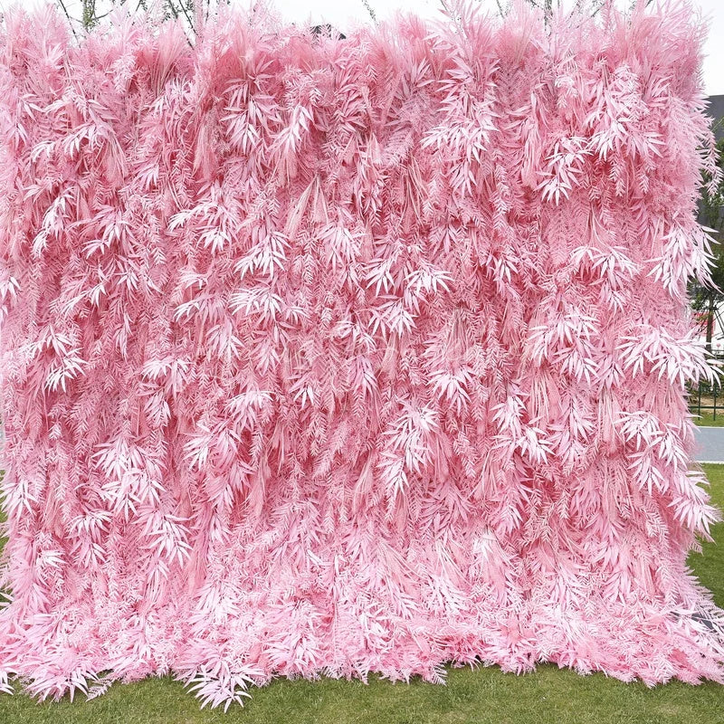 Lofaris Lush Pink Artificial Flower Wall with Bamboo Leaf Design Elegant Wedding and Party Event Decor